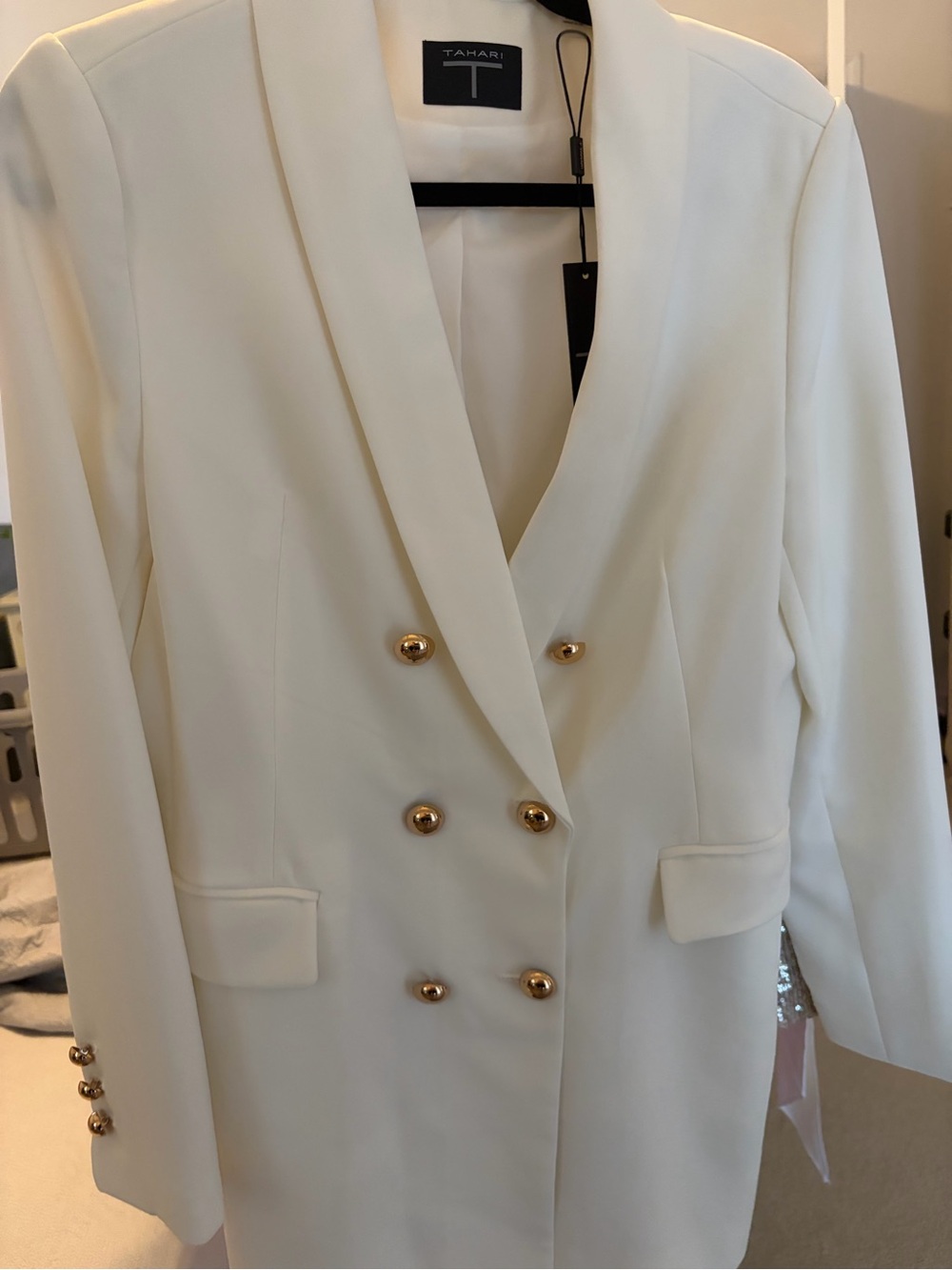 T Tahari Ivory Double-Breasted Blazer with Gold Buttons